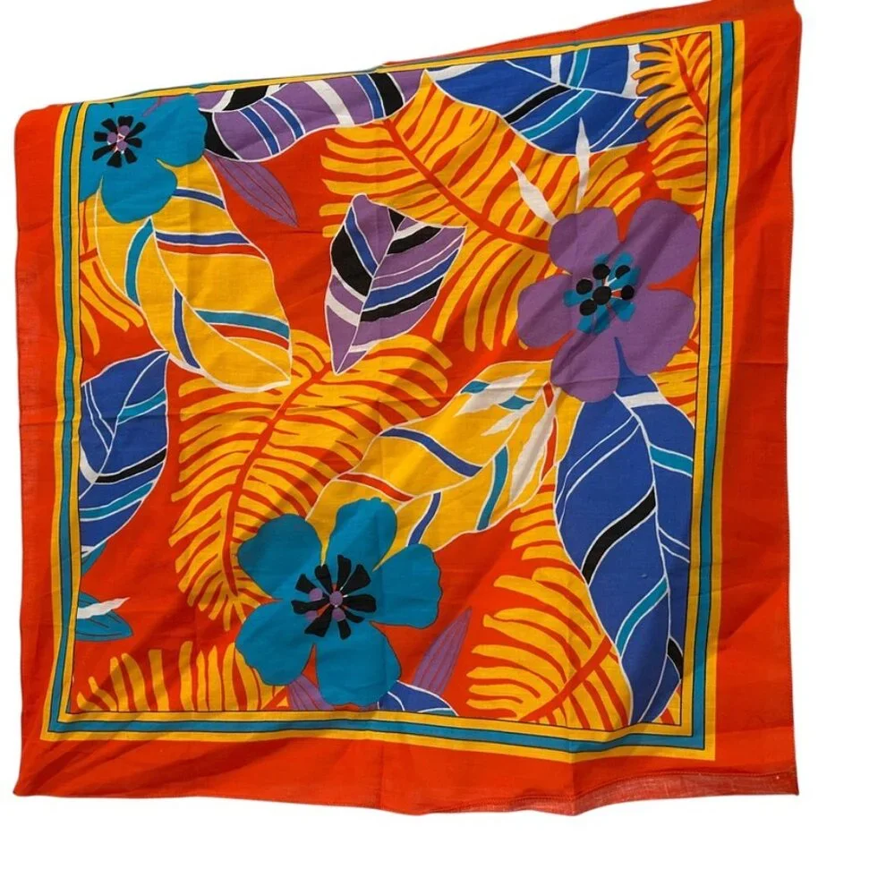 NEW cotton handkerchief tropical flowers orange red blue floral scarf